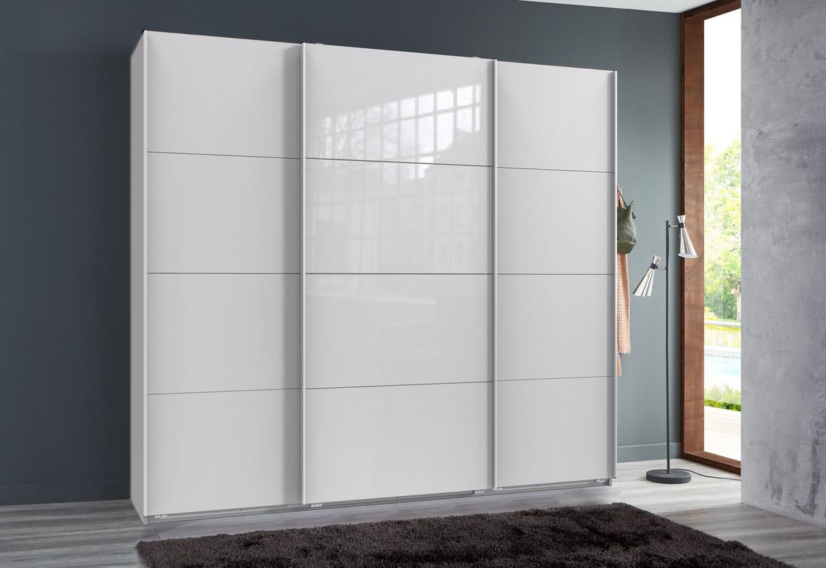 SCHWEBETÜRENSCHRANK 3-türig B225/H236/T64 cm extrahoch in Weiß, Kleiderschrank mit einer Glasfront-Tür in Weiß, / 22542 - Goldfarben/Weiß, Holzwerkstoff/Metall (225/236/64cm) - luma-home