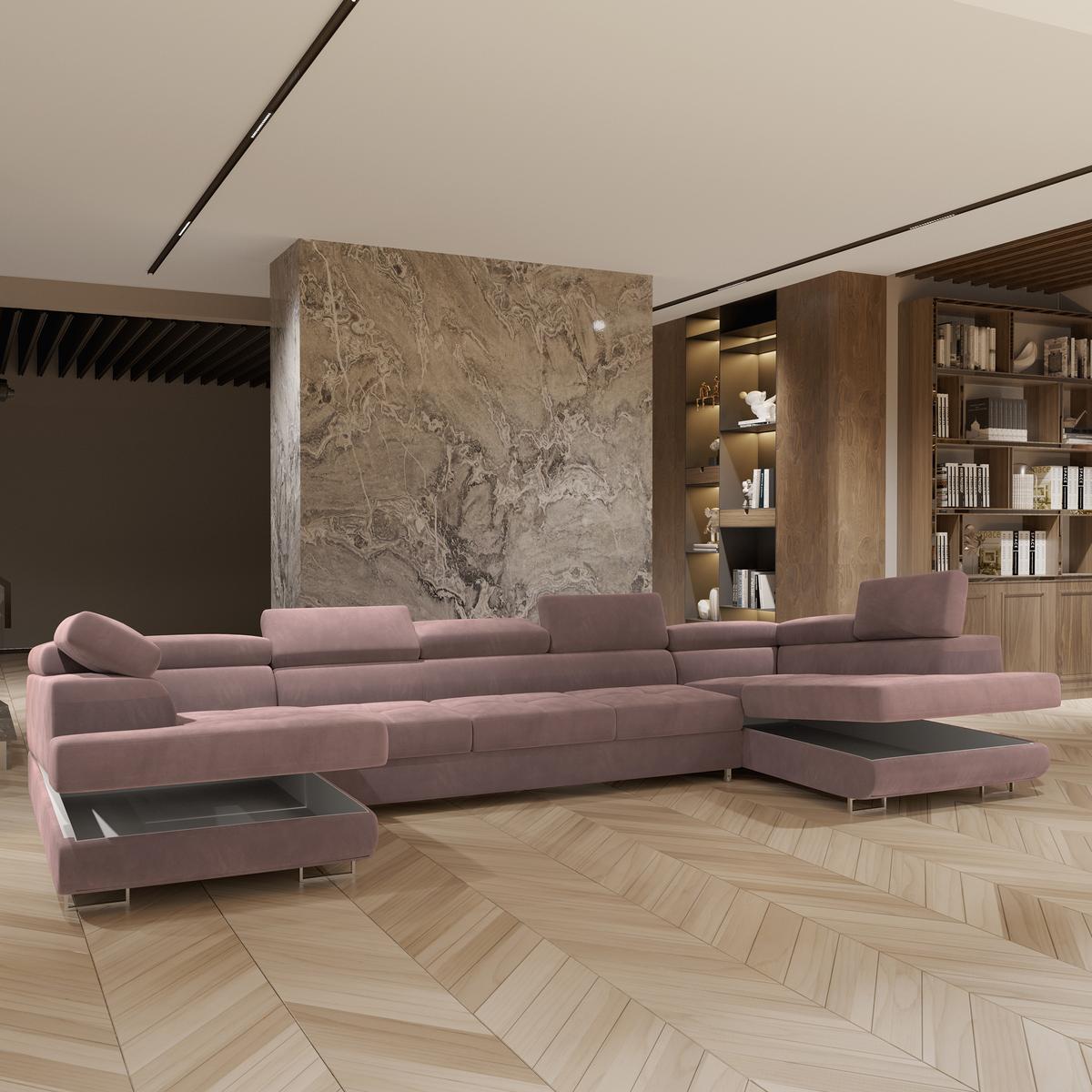 WOHNLANDSCHAFT ISOLANO Lila Velours-Stoff mit Schlaffunktion - Lila, Holz (408/90/202cm) - MASSENO