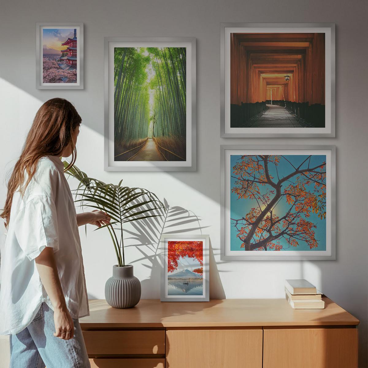 BILDER SET 5er Set - 50x50 cm & 20x30 cm & 40x60 cm Silberner Rahmen - Meerblick, farbenfrohe Häuser - Silberfarben, Kunststoff (40/60cm) - TULUP