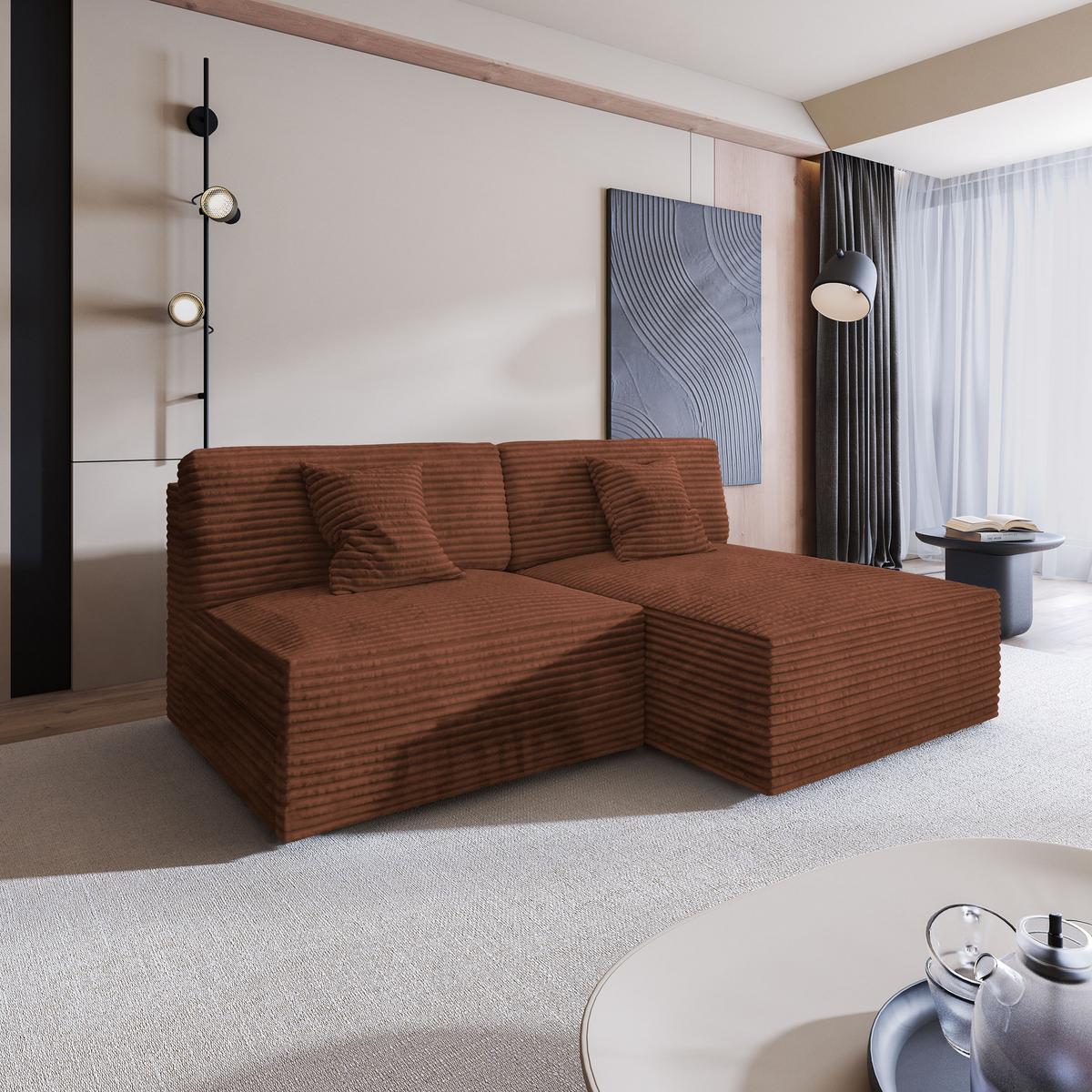 ECKSOFA FIORO Braun Kordstoff mit Schlaffunktion - Braun, Holz (204/148cm) - MASSENO
