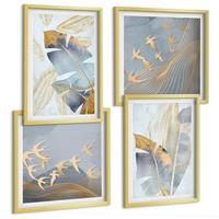 BILDER SET 4er Set - 50x50 cm & 40x60 cm Goldrahmen - Blaubeige Blätter im Hintergrund - Goldfarben, Kunststoff (50/50cm) - TULUP