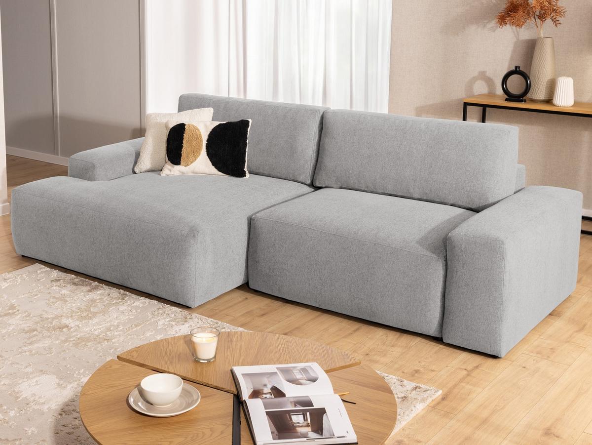 ECKSOFA inkl. Hocker Lennon aus Hellgrau Strukturstoff mit Schlaffunktion und Bettkasten - Hellgrau/Schwarz, Holz/Kunststoff (137/264cm) - S-Style