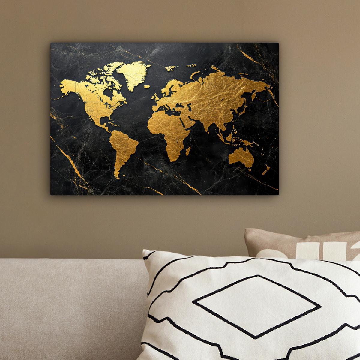 LEINWANDBILD Weltkarte - Gold - Marmor Deko Schlafzimmer 30x20 cm - Goldfarben, Textil (30/20cm) - MuchoWow