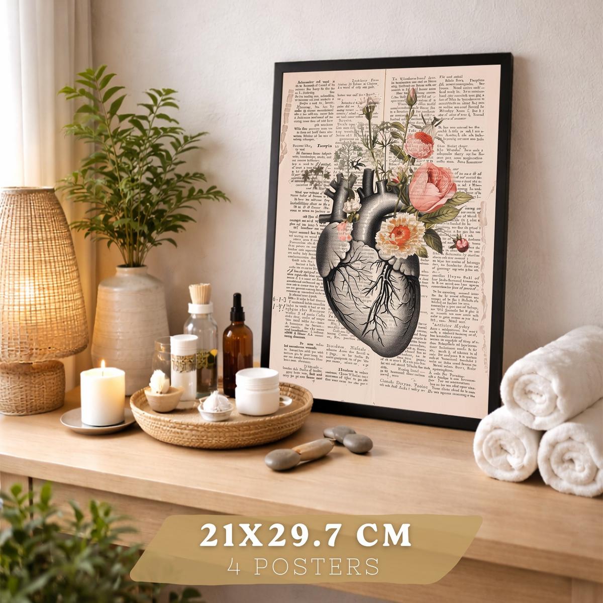 POSTER Set aus 4 Anatomie Mensch Botanische Drucke und mit Organen Herz Verdauungssystem Schädel und Becken Heimdekoration Größe Schwarzer Rahmen A4 - Schwarz, Papier (21/29.7/3cm) - Nacnic