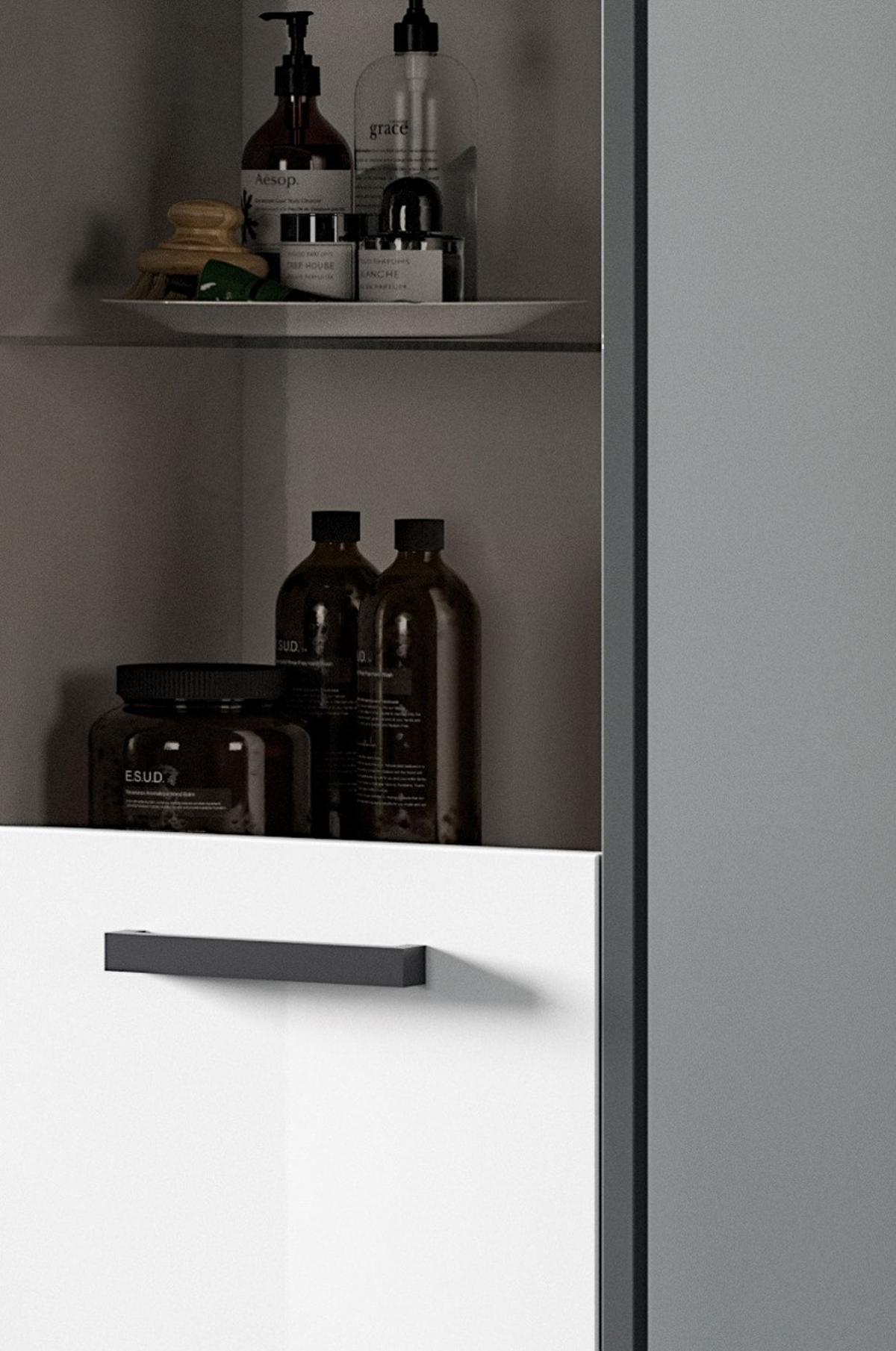 MIDISCHRANK weiß Hochglanz, grau 40 x 139 cm, Badkommode mit wechselbaren Türanschlag - Weiß Hochglanz/Schwarz, Glas/Holzwerkstoff (40/139/34cm) - Inn.Furn