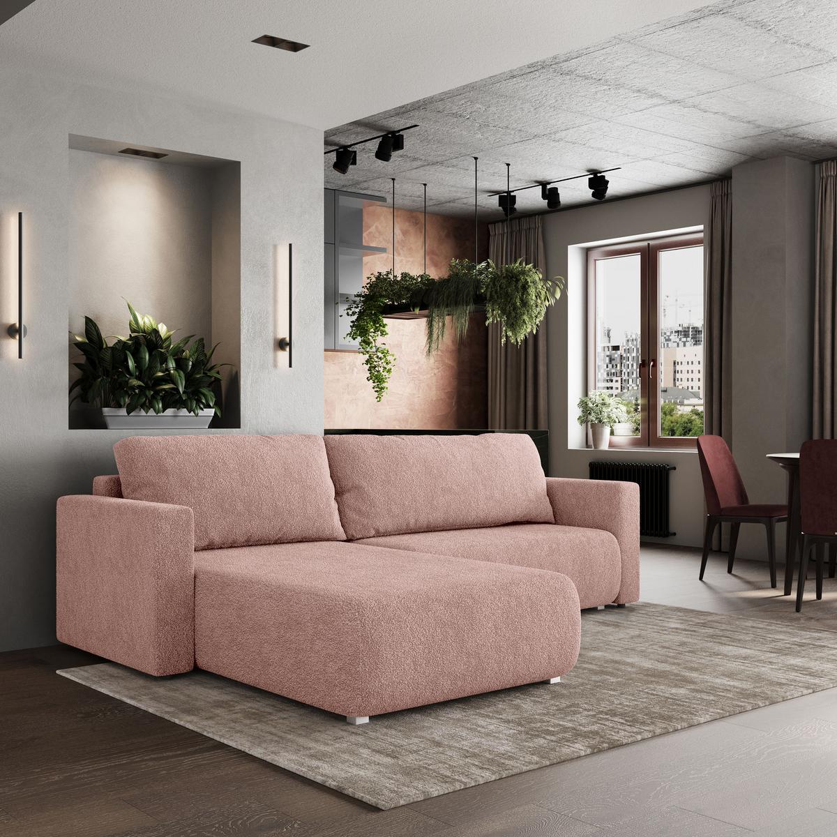 ECKSOFA TURIN N Rosa Bucle-Stoff mit Schlaffunktion - Rosa/Grau, Holz/Kunststoff (265/183cm) - MASSENO