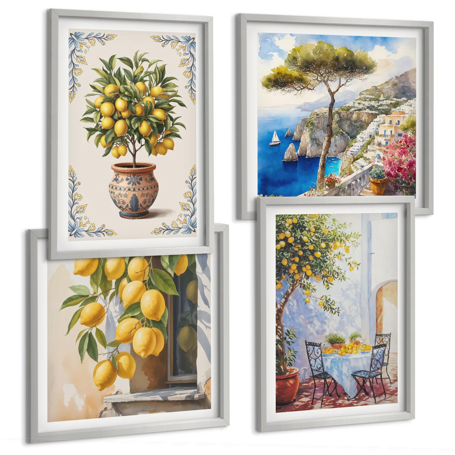BILDER SET 4er Set - 50x50 cm & 40x60 cm Silberner Rahmen - Zitronenbäume in der Sonne - Silberfarben, Kunststoff (50/50cm) - TULUP