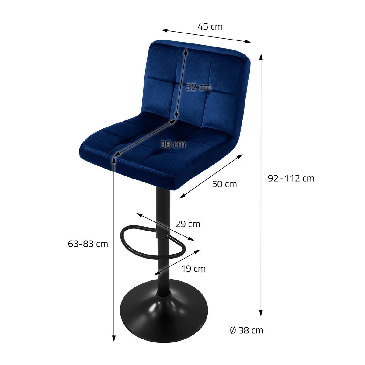 BARHOCKER 2er Set Blau aus Samt höhenverstellbar/drehbar - Blau/Schwarz, Textil/Metall (50/112/45cm) - ML-DESIGN