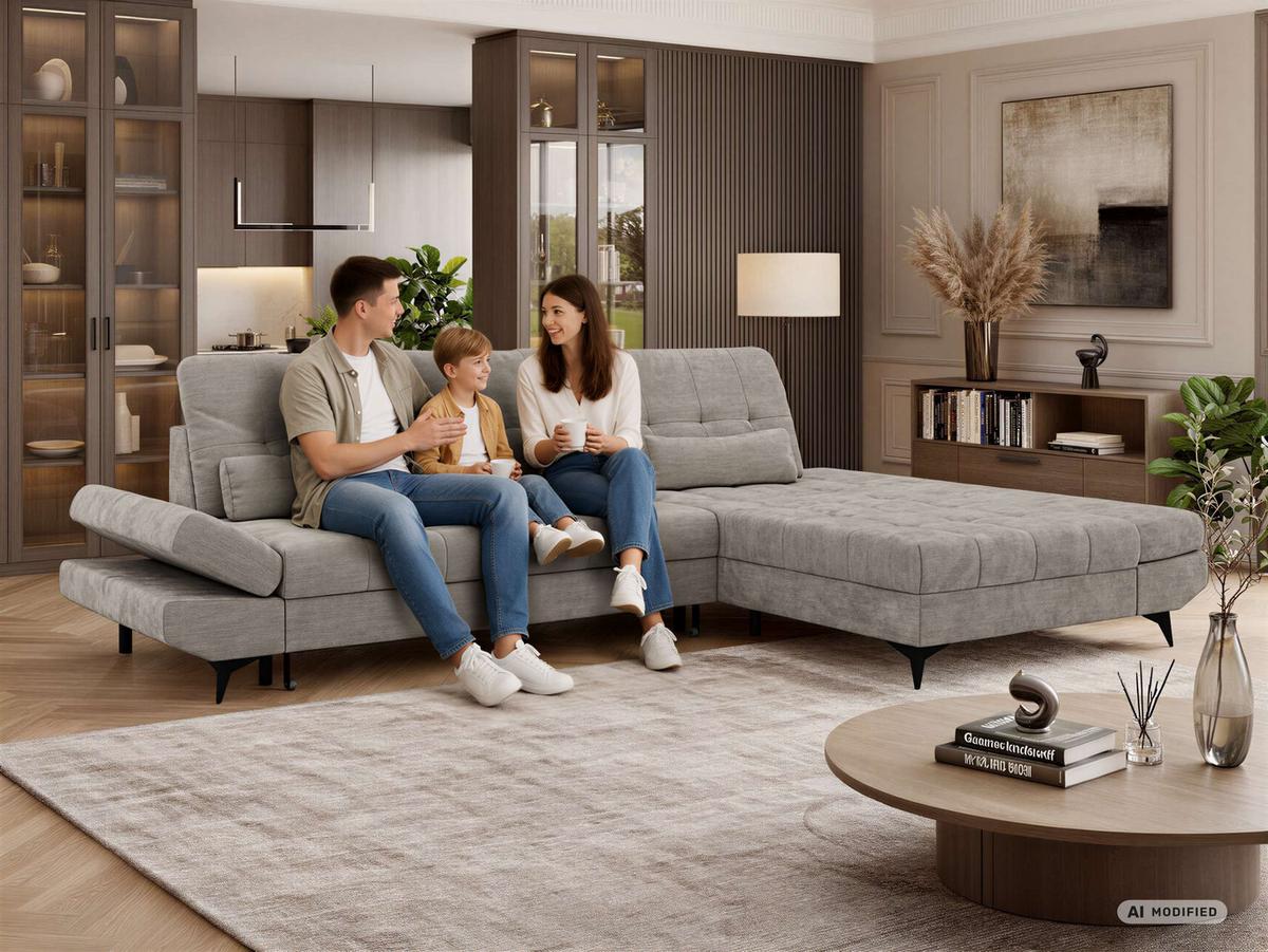 ECKSOFA ALVENO L - Creme Schenille glatt - Links Seite - Creme/Schwarz, Textil/Metall (218/344cm) - MKS