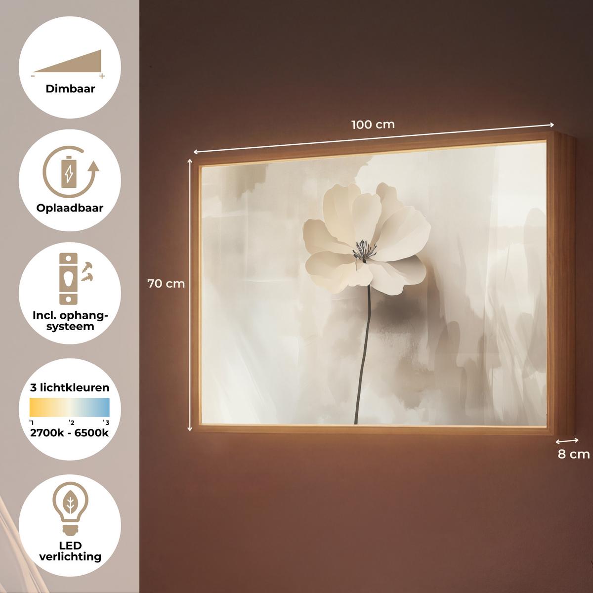 WANDLEUCHTE MIT AKKU Blume - Beige - Farbe - Schatten 100x70 cm - Beige, Holzwerkstoff (100/70/8cm) - OnlyWow