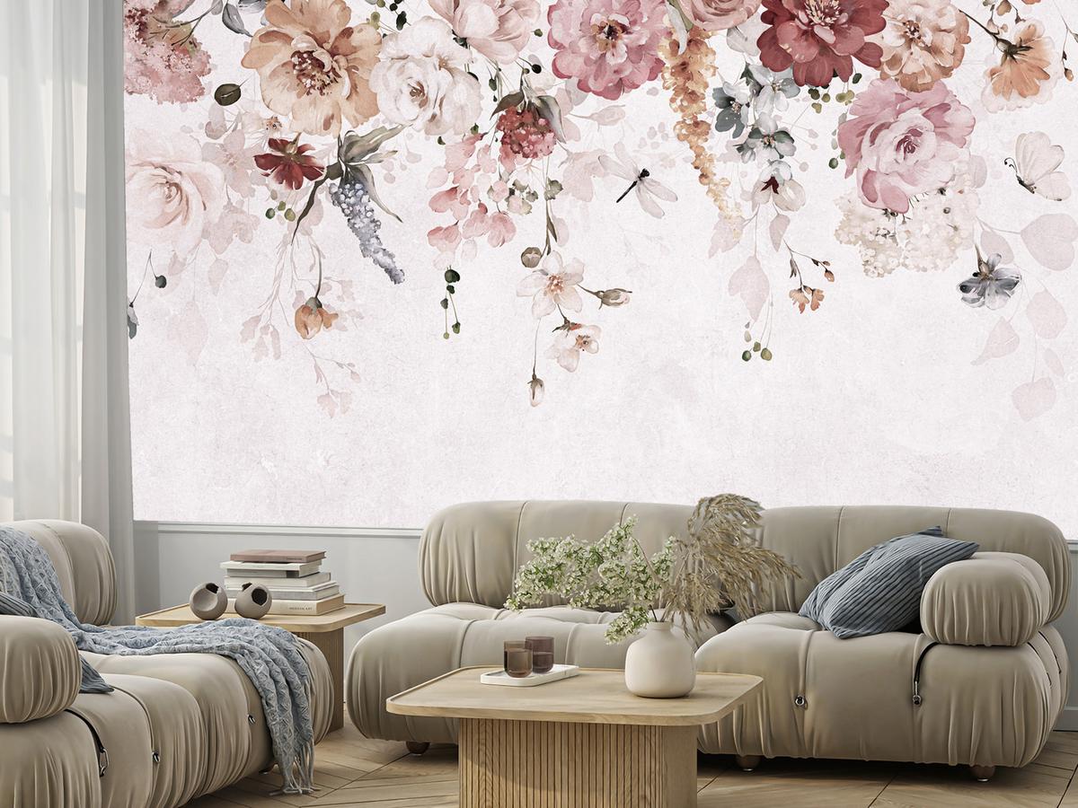 FOTOTAPETE für Schlafzimmer Aquarell Bunte Blumen Ranken Blätter 450x315 - Rot/Rosa, Papier (450/315cm) - Muralo