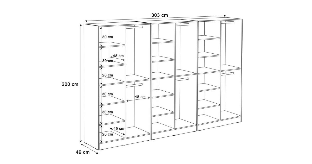 KLEIDERSCHRANK SANDBOX LOFT 300 303/49/200 cm Schwarzgraphit / Schwarzgraphit + Eiche Wotan + Schwarzes Glas mit LED 12 Zusatzböden - Eiche Wotan/Schwarz, Holzwerkstoff/Kunststoff (303/200/49cm) - Lookway