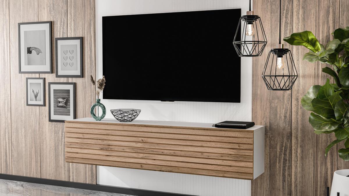 LOWBOARD ZIVOLLI 160 Weiß, Wotan Lamellen 160/34/40 cm – TV-Hängeschrank mit Lamellenfront - Hellbraun/Weiß, Holzwerkstoff/Kunststoff (160/34/40cm) - AX Living
