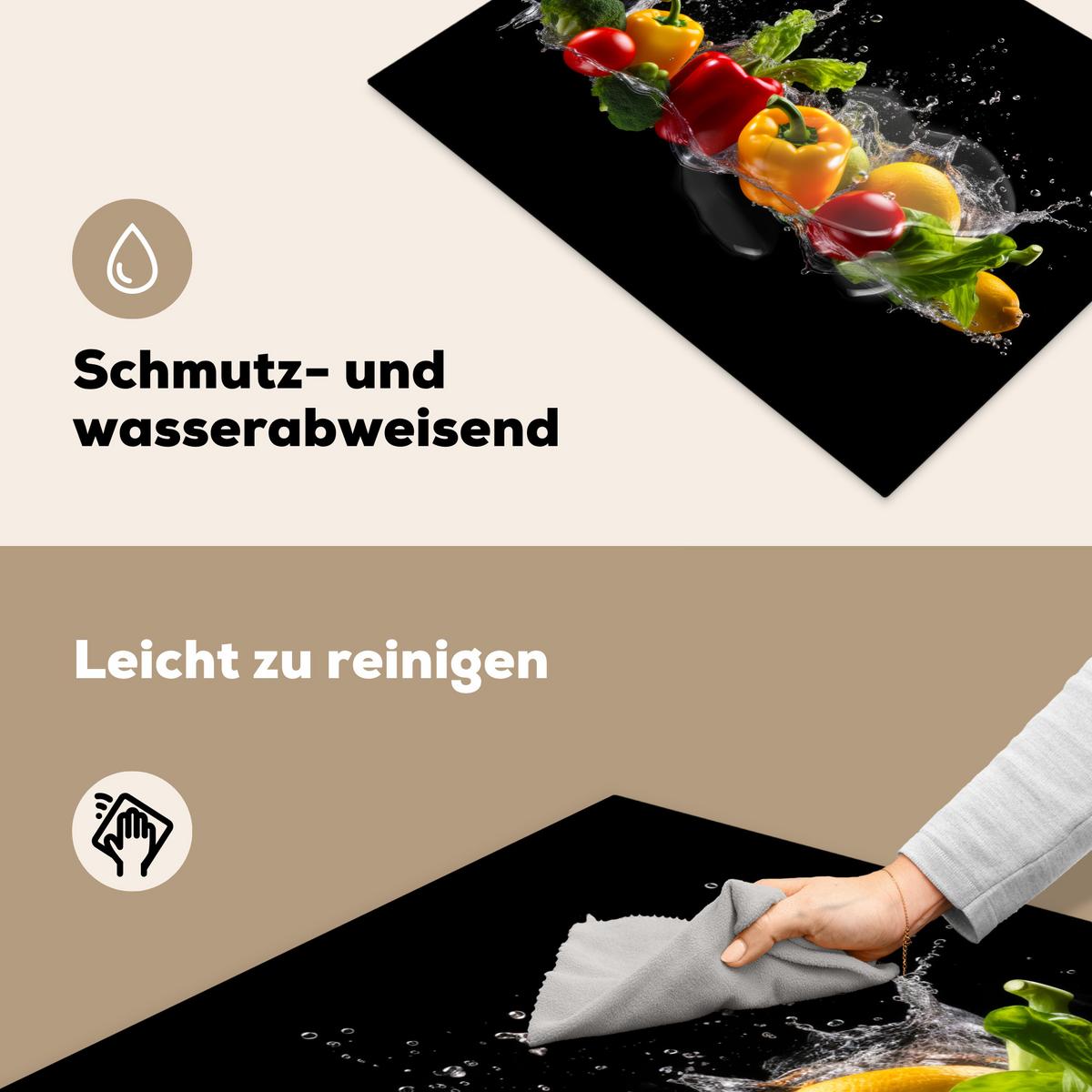 HERDABDECKPLATTE Paprika - Wasser - Gemüse - Schwarz Induktionsmatte 71x52 cm - Multicolor, Kunststoff (71/52/0.2cm) - MuchoWow