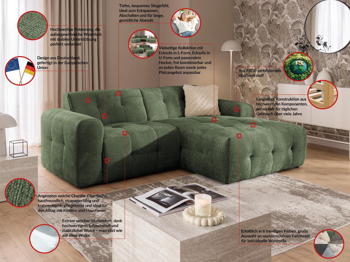 ECKSOFA inkl. Hocker Kozy im Bumpy-Design mit Schlaffunktion und fester Rückenlehne aus weichem Grün Chenille-Stoff - Ottomane rechts - Schwarz/Grün, Holz/Kunststoff (234/161cm) - S-Style Möbel