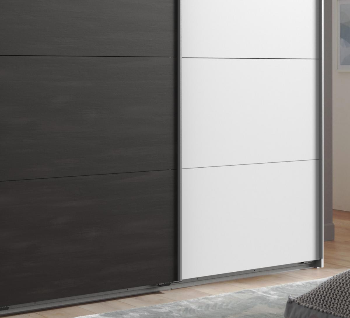 SCHWEBETÜRENSCHRANK 3-türig B270/H208/T65 cm, Kleiderschrank in Weiß, Mitteltür in grauer Stahl-Optik / 22003 - Alufarben/Schwarz, Holzwerkstoff/Metall (270/208/65cm) - luma-home