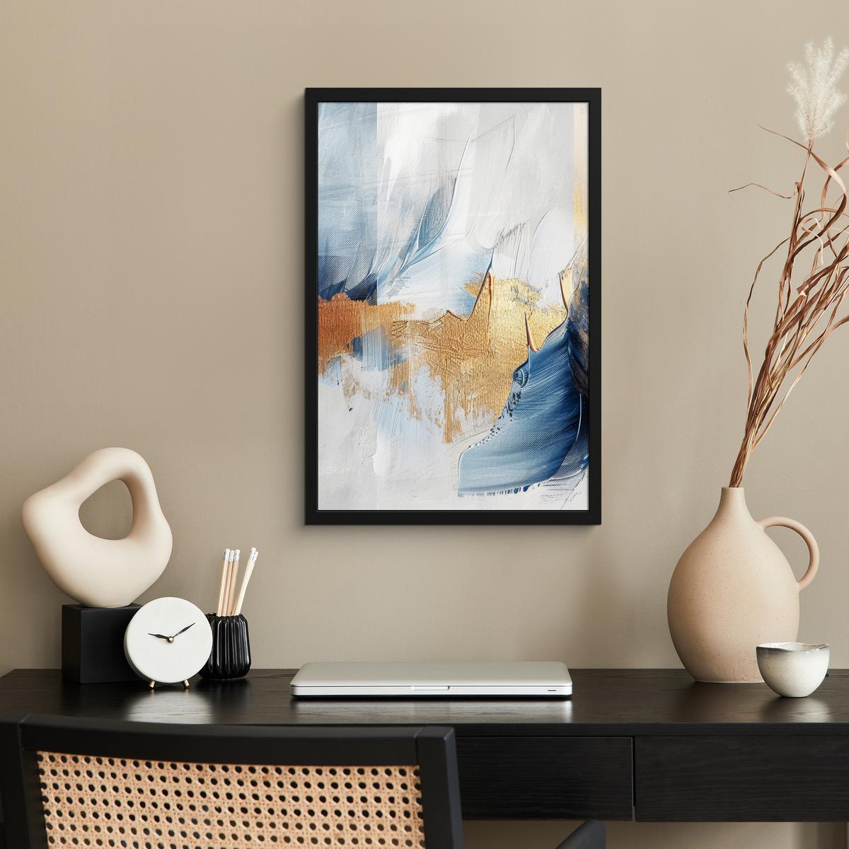 POSTER MIT RAHMEN Gold - Blau - Aquarell - Kunst - Modern Bilder mit Rahmen 40x60 cm - Hellblau, Papier (40/60cm) - MuchoWow