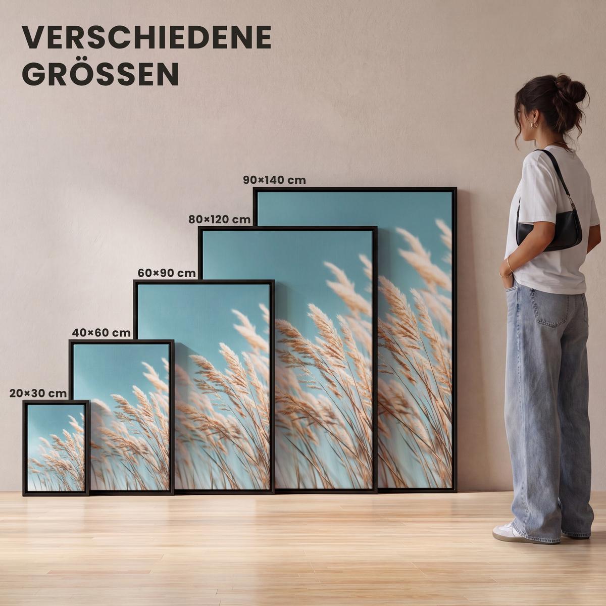 LEINWAND Bilder mit Rahmen - Ziergras - Wind - Hellbraun - 80x120 - Hellblau, Textil (80/120cm) - MuchoWow