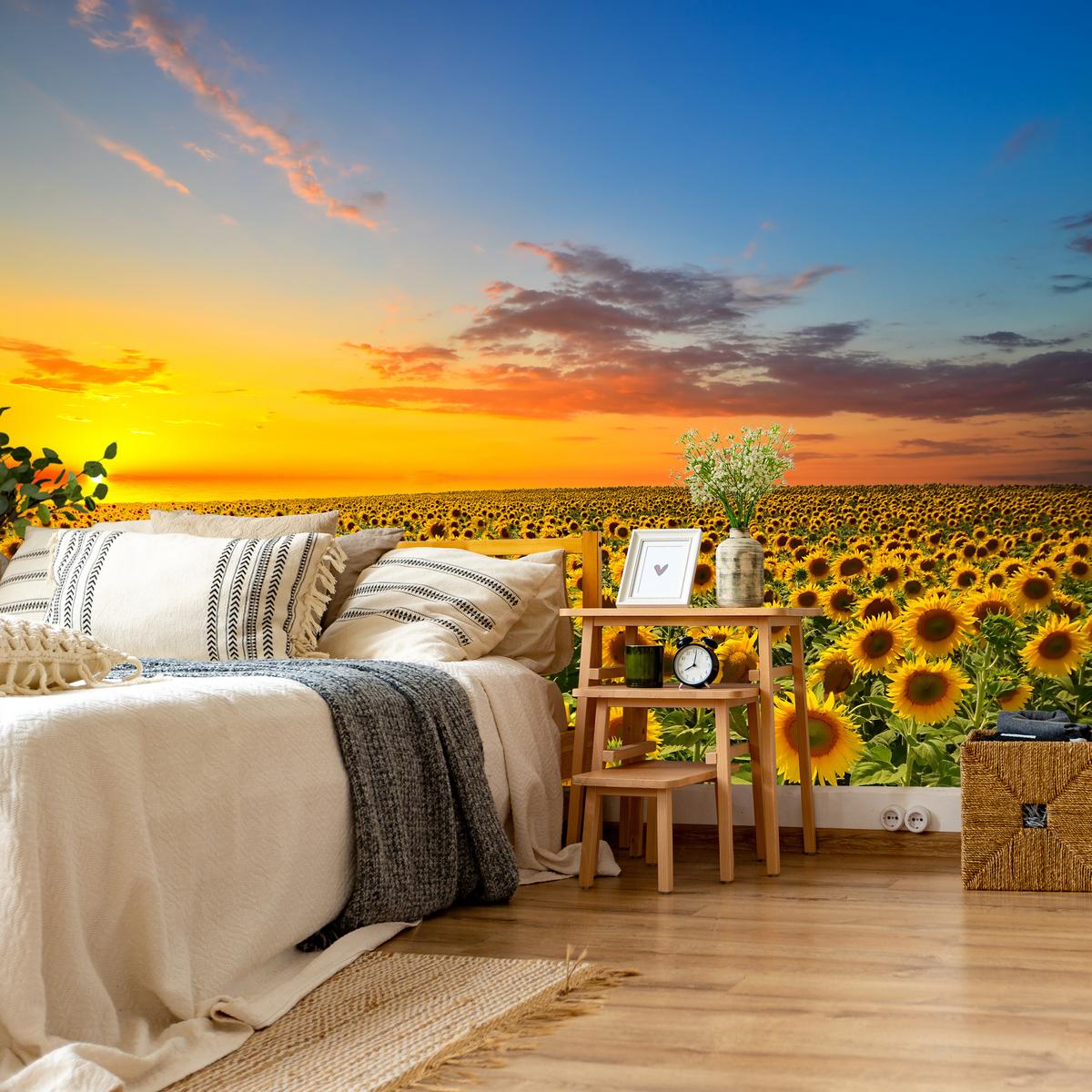 FOTOTAPETE für Küche Sonnenuntergang Sonnenblumenfeld Blumen 150x105 - Gelb/Orange, Papier (150/105cm) - Muralo