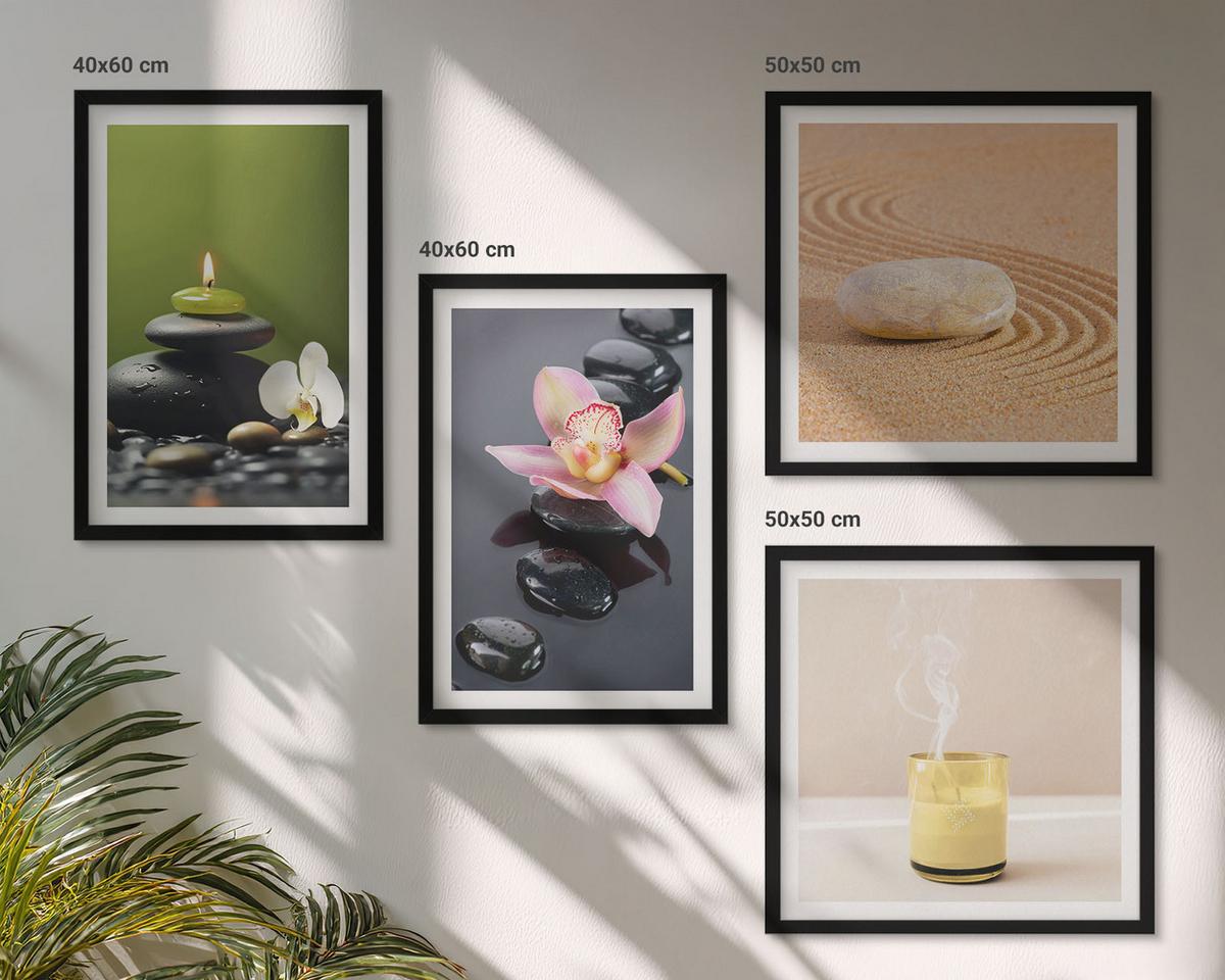 BILDER SET 4er Set - 50x50 cm & 40x60 cm Schwarzer Rahmen - Entspannende Zen-Steine für inneren Frieden - Schwarz, Kunststoff (50/50cm) - TULUP