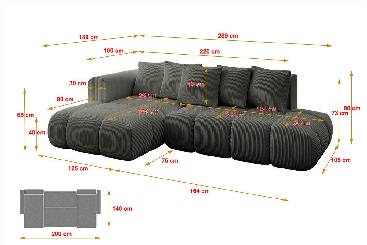 ECKSOFA Ottomane Links CLOUD-L-v1 280x185x90 Dunkelgrau Cord - Dunkelgrau, Holzwerkstoff/Kunststoff (180/289cm) - ALTDECOR
