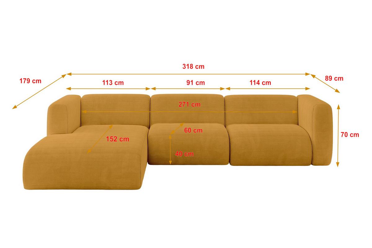 ECKSOFA Ottomane Links MIRA-L2 318x179x89 Senfgelb Cord - Currygelb/Schwarz, Holzwerkstoff/Kunststoff (318/179cm) - ALTDECOR