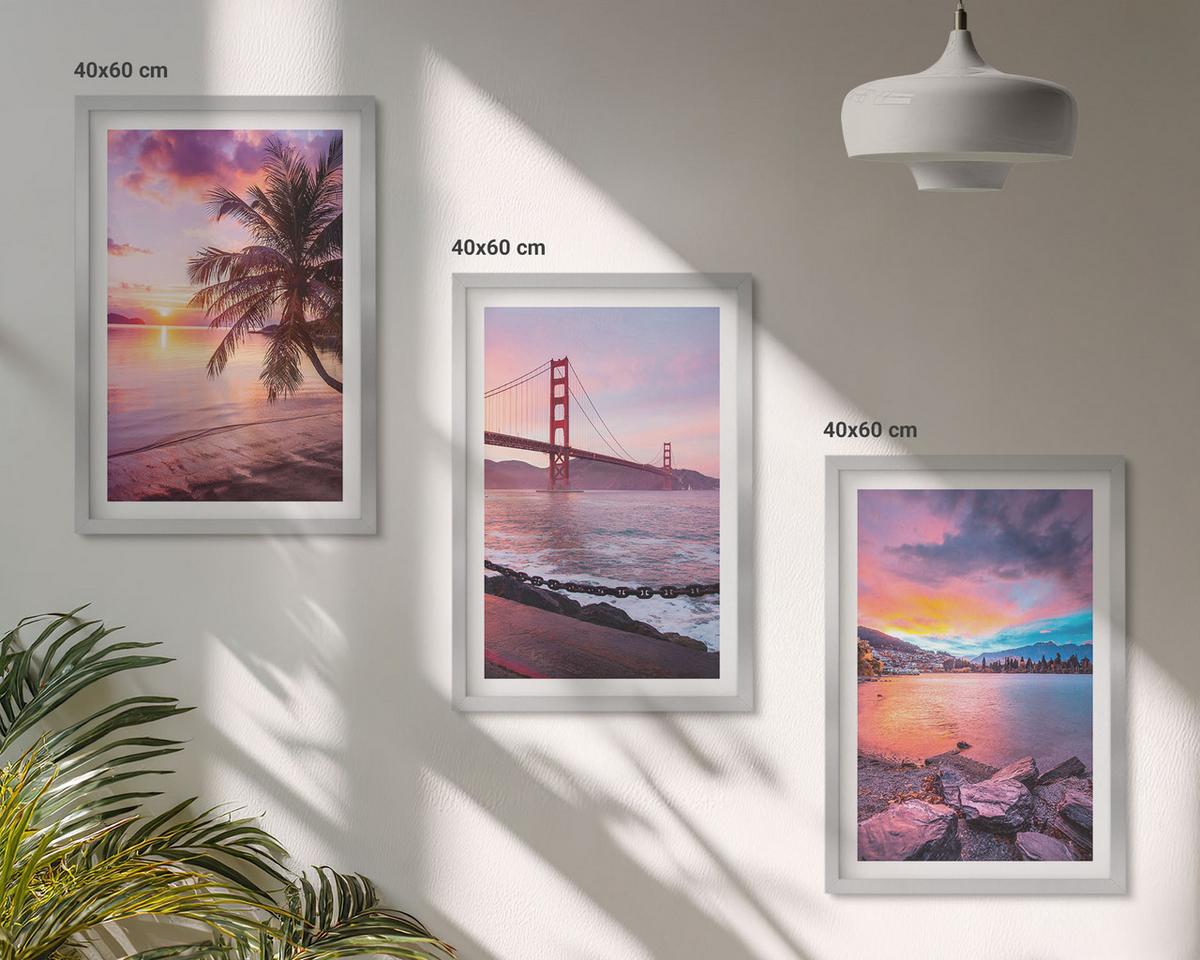 BILDER SET 3er Set - 40x60 cm Silberner Rahmen - Sonnenuntergangsbrücke Landschaft - Silberfarben, Kunststoff (40/60cm) - TULUP