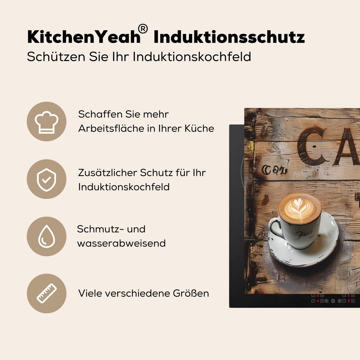 HERDABDECKPLATTE Cafe - Holz - Kaffee - Regale Herdabdeckung Induktionsfeld 60x52 cm - Schwarz, Kunststoff (60/52/0.2cm) - MuchoWow