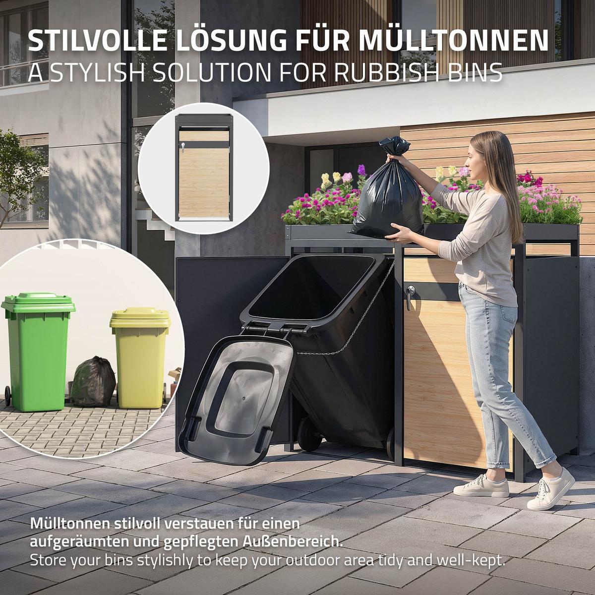 MÜLLTONNENBOX 3er mit Pflanzdach Anthrazit-Holzoptik - Hellbraun, Metall (200/124/80cm) - ML-DESIGN