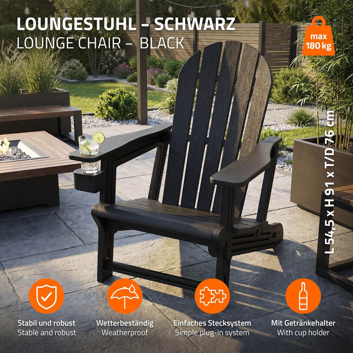 ADIRONDACK LOUNGESTUHL mit Getränkehalter Schwarz aus Kunststoff - Schwarz, Kunststoff (54.5/91/76cm) - ML-DESIGN