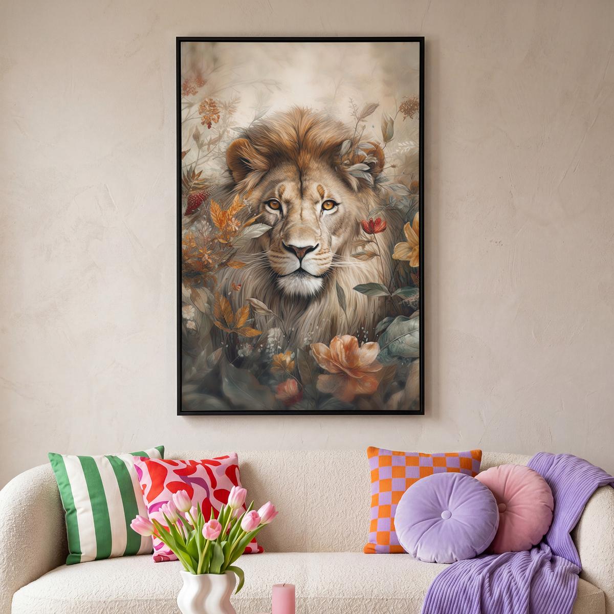 LEINWAND Bilder mit Rahmen - Löwe - Wildtiere - Pflanzen - Natur - Blumen - 80x120 - Beige, Textil (80/120cm) - MuchoWow