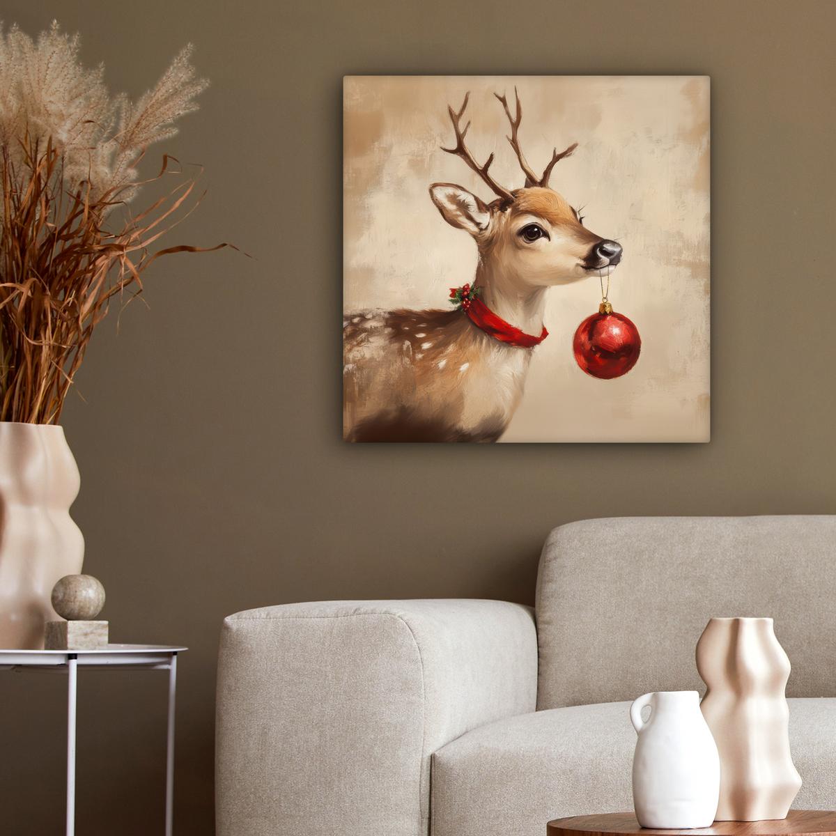 LEINWANDBILD Weihnachten - Hirsch - Geweih - Weihnachtskugel - Rentier Wandbild Wohnzimmer 50x50 cm - Hellbraun, Textil (50/50cm) - MuchoWow