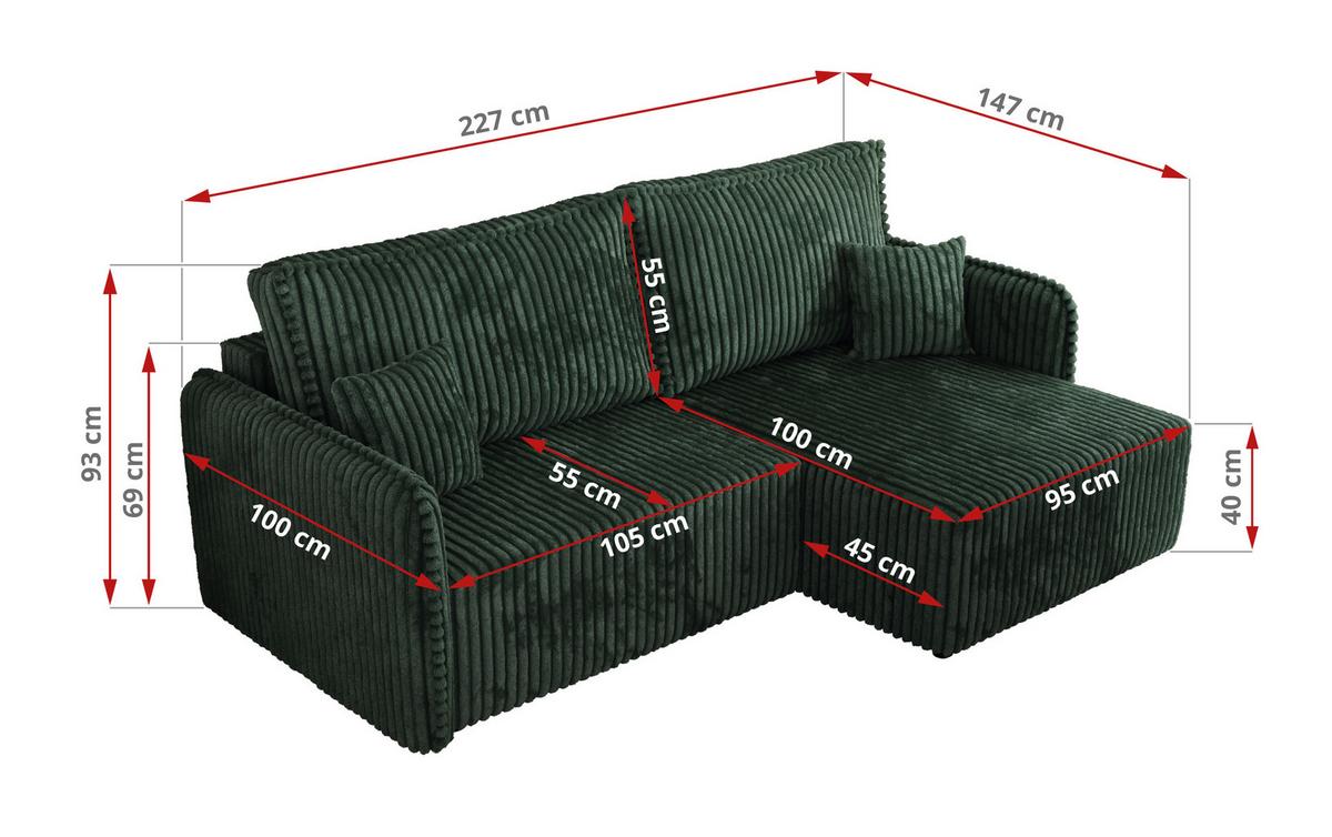 ECKSCHLAFSOFA MESTO L Grün Cord - rechts - Schwarz/Grün, Kunststoff/Textil (147/227cm) - MKS