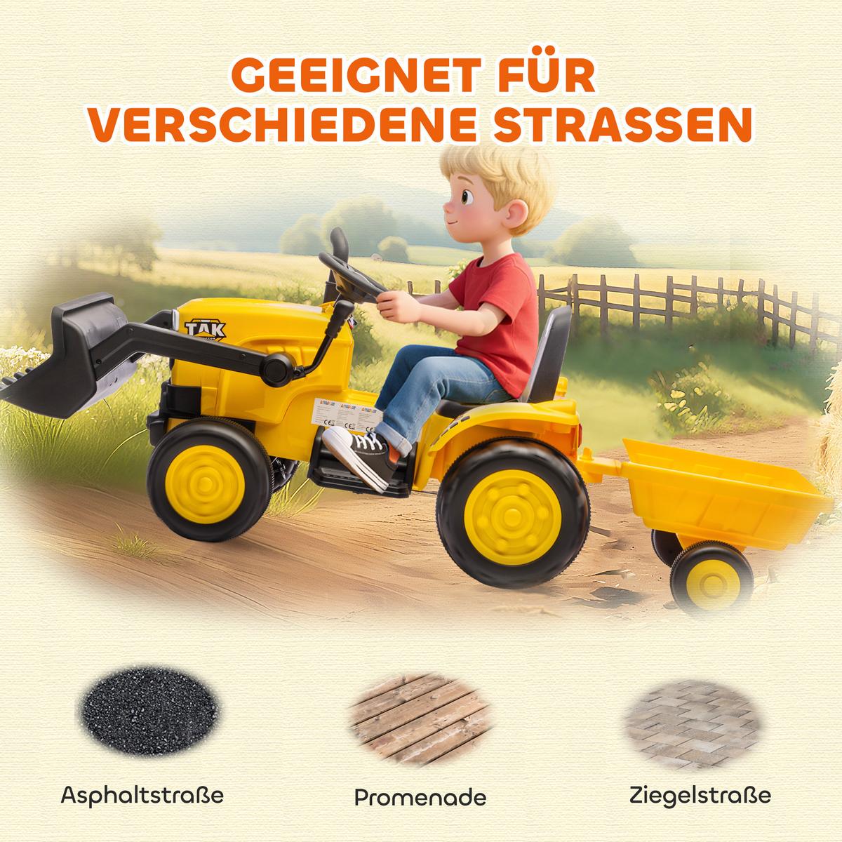 KINDER-ELEKTRO-BAGGER mit Anhänger 12V mit Fernbedienung - Gelb, Kunststoff (158/58/58.5cm) - AIYAPLAY
