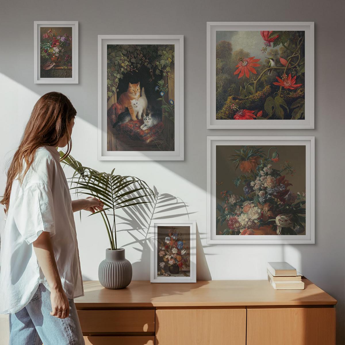 BILDER SET 5er Set - 50x50 cm & 20x30 cm & 40x60 cm Weißer Rahmen - Vintage-Blumen, Katzen, Pflanzen - Weiß, Kunststoff (40/60cm) - TULUP