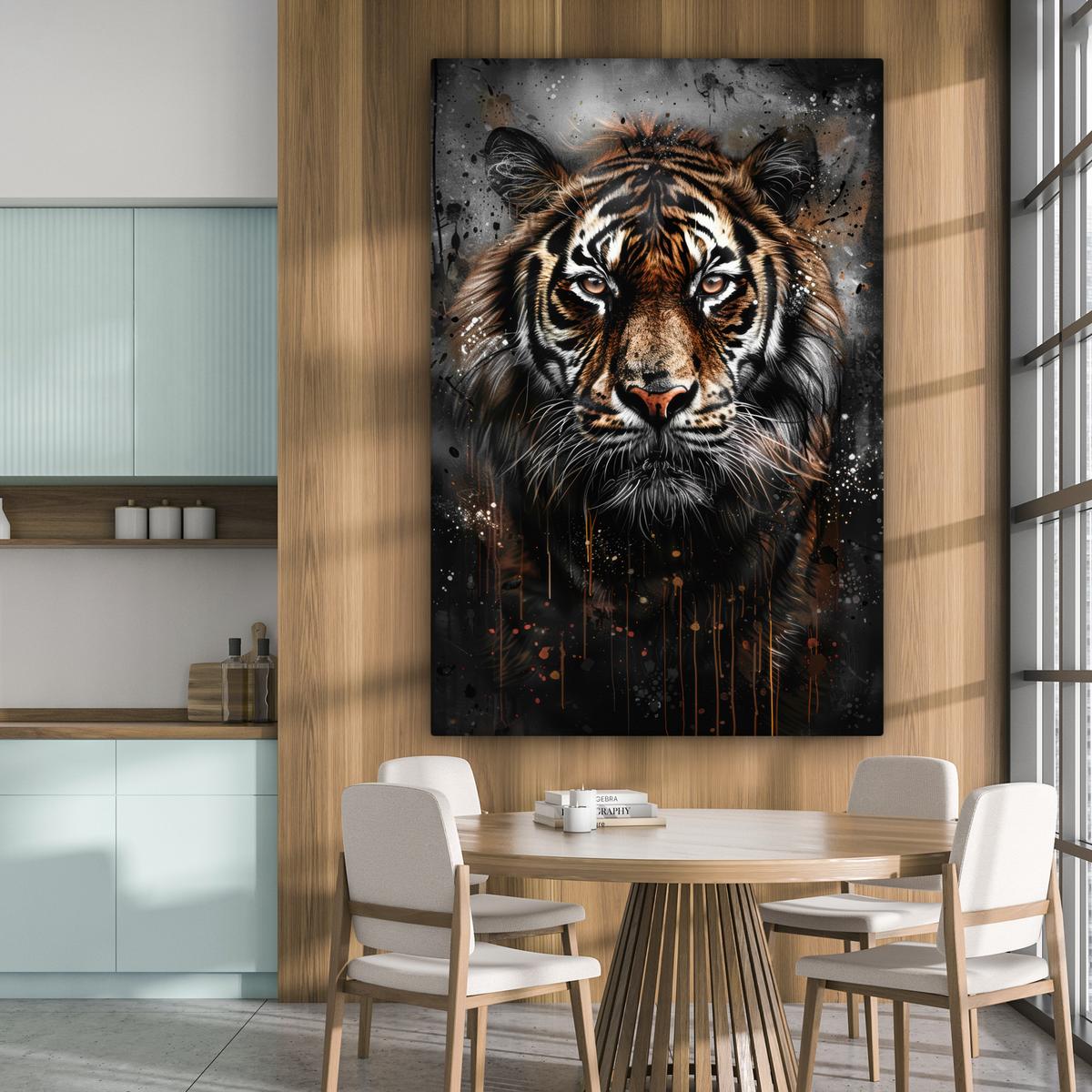 LEINWANDBILD Tiger - Tiere - Porträt - Luxus - Schwarz Deko Groß 90x140 cm - Anthrazit, Textil (90/140cm) - MuchoWow