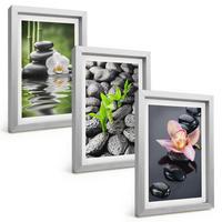 BILDER SET 3er Set - 20x30 cm Silberner Rahmen - Eine ruhige Zen-Komposition aus Blumen und Wasser - Silberfarben, Kunststoff (20/30cm) - TULUP