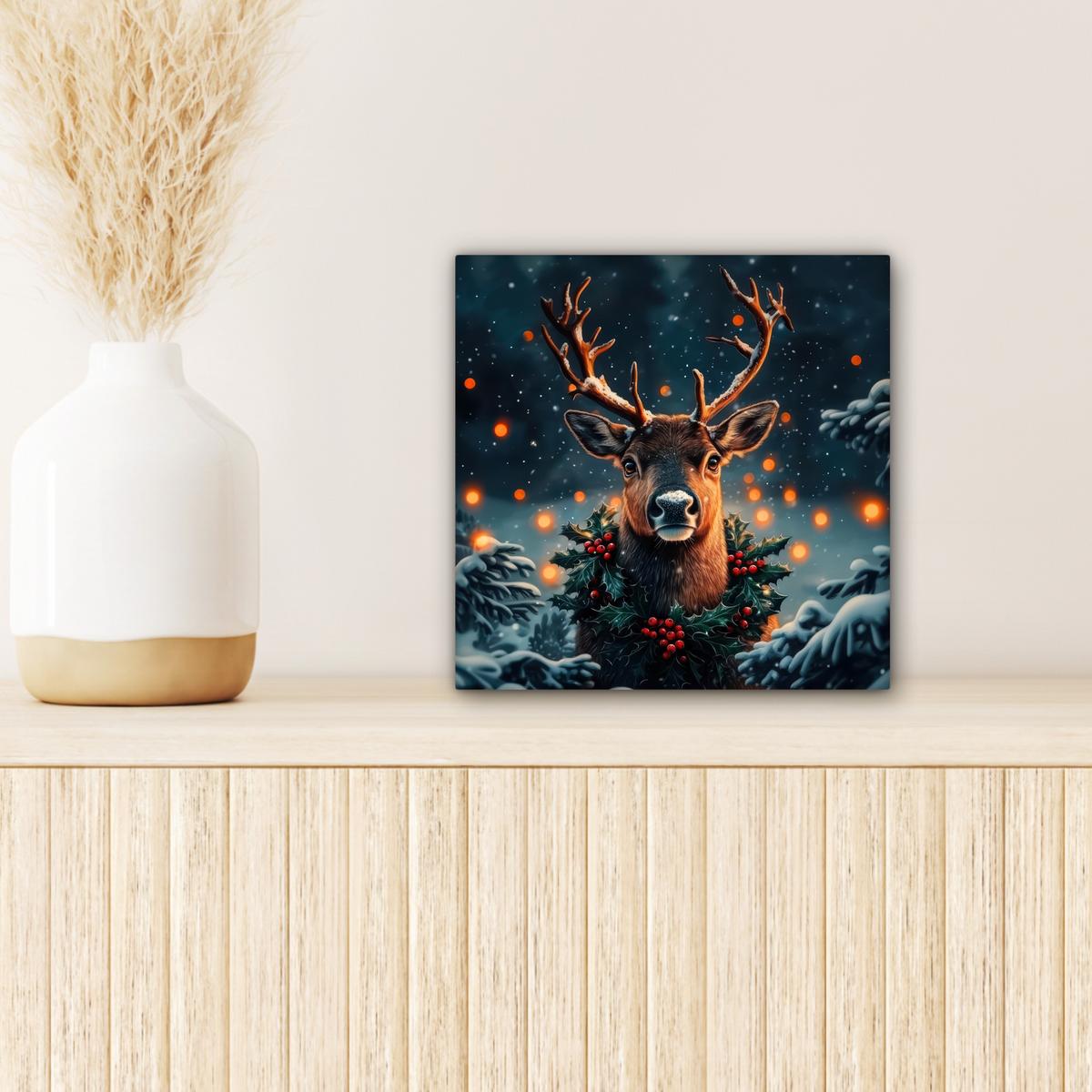 LEINWANDBILD Hirsch - Weihnachten - Winter - Schnee - Weihnachtskranz Deko Wohnzimmer 20x20 cm - Dunkelbraun, Textil (20/20cm) - MuchoWow