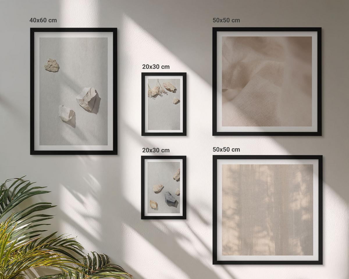 BILDER SET 5er Set - 50x50 cm & 20x30 cm & 40x60 cm Schwarzer Rahmen - Boho-Stranddekorationen aus Steinen - Schwarz, Kunststoff (40/60cm) - TULUP