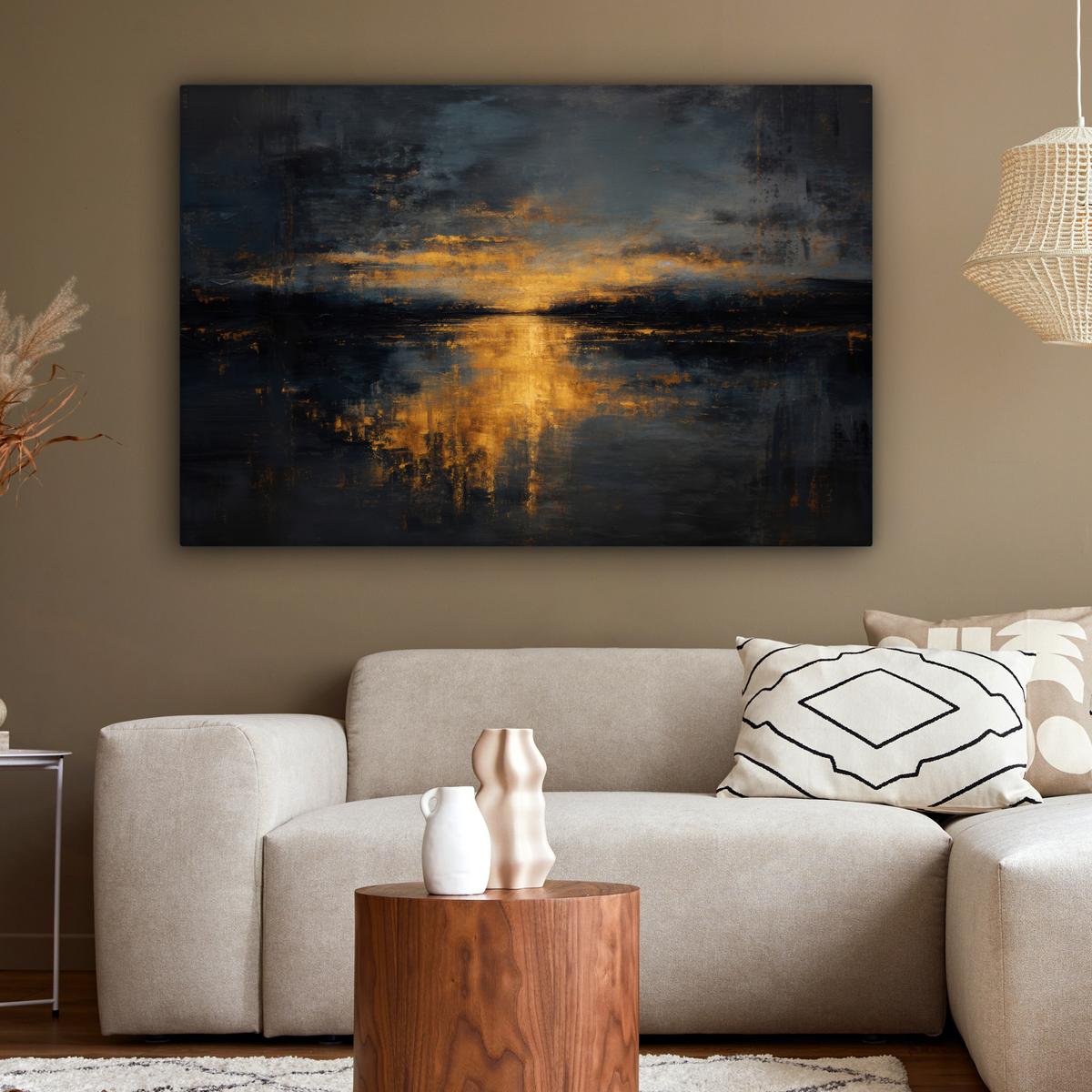 LEINWANDBILD Goldene Reflexion auf dem Wasser Wohnzimmer Groß 120x80 cm - Anthrazit, Textil (120/80cm) - MuchoWow