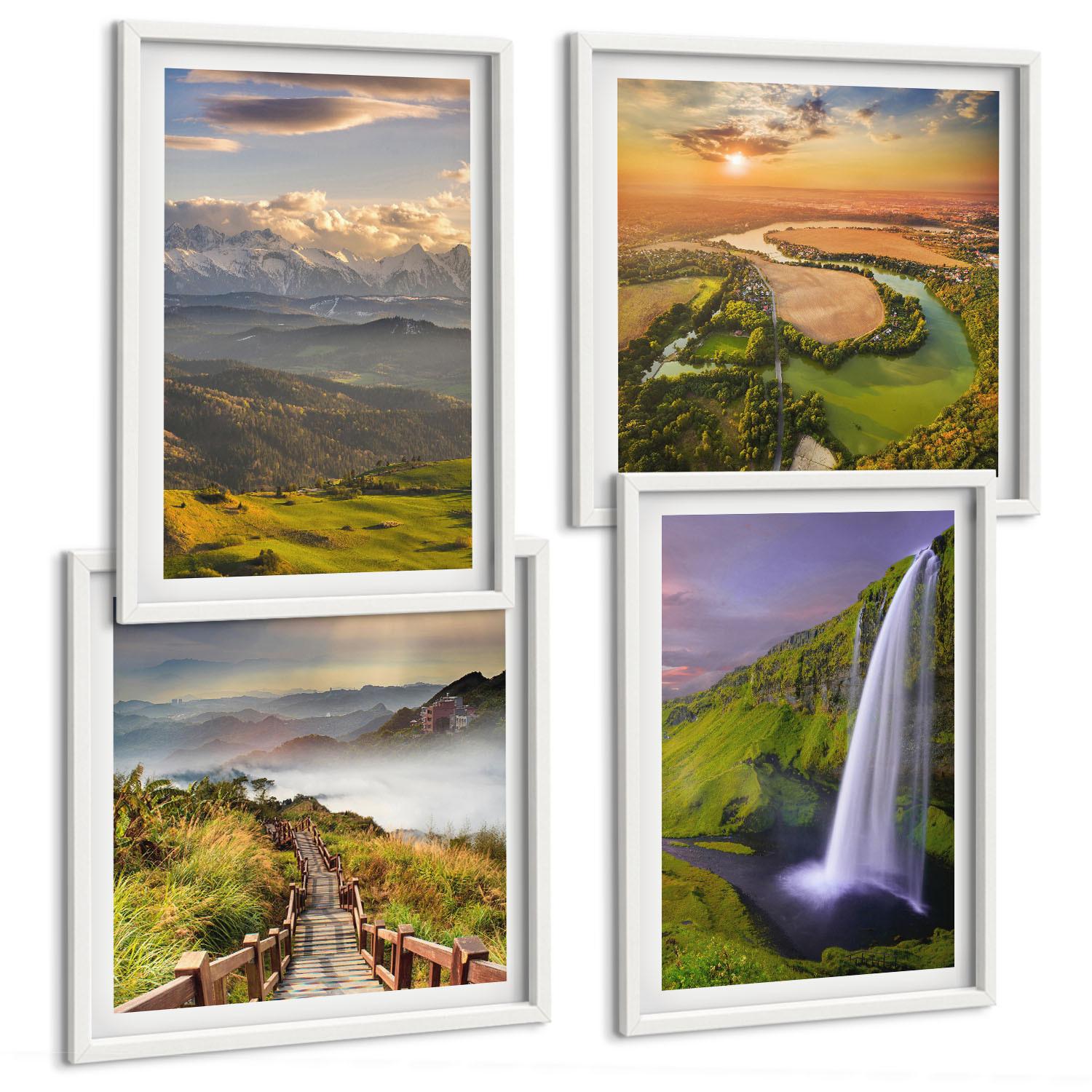 BILDER SET 4er Set - 50x50 cm & 40x60 cm Weißer Rahmen - Ausblicke auf Berge, Flüsse und Wasserfälle - Weiß, Kunststoff (50/50cm) - TULUP