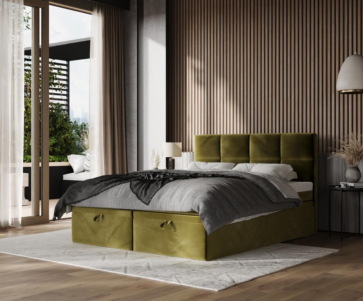BOXBETT Tessa 200/200 cm Olivgrün im Kronos Stoff - Schwarz/Olivgrün, Holz/Holzwerkstoff (200/200cm) - AltaBeds
