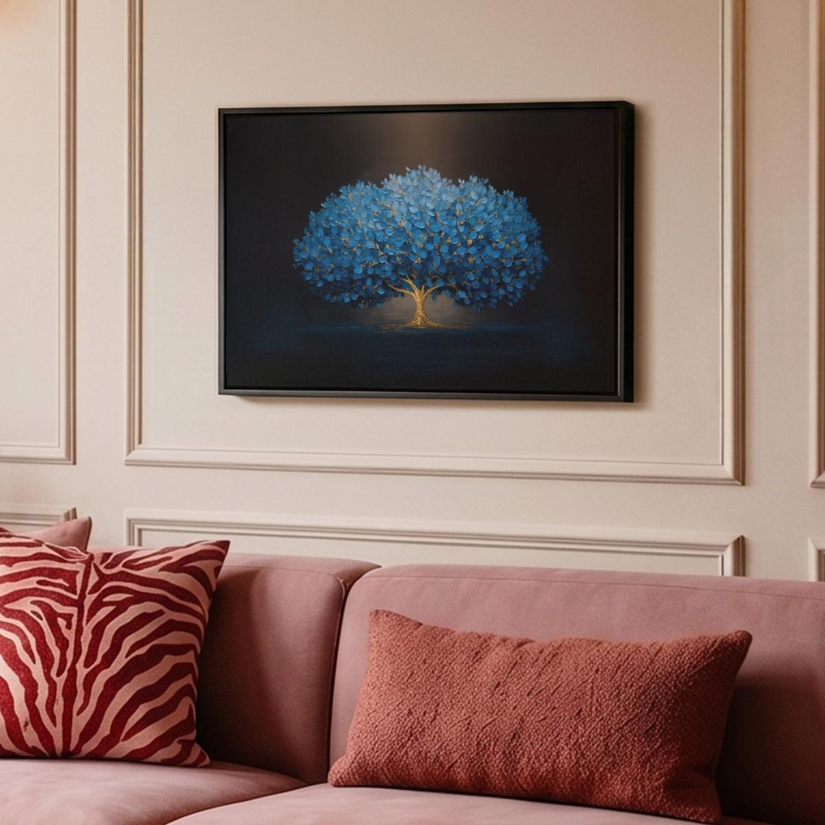 LEINWAND Bilder mit Rahmen - Baum - Blau - Blätter - Pinselstriche - 60x40 - Blau, Textil (60/40cm) - MuchoWow