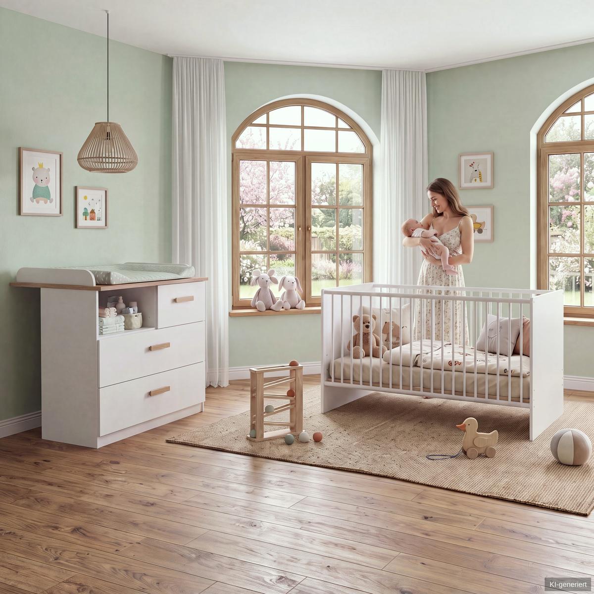BABYZIMMER-SET 2-tlg.: Babybett & Wickelkommode, Weiß mit Eiche Dekor / 22811 - Eichefarben/Weiß, Holzwerkstoff (76/82/143cm) - luma-home