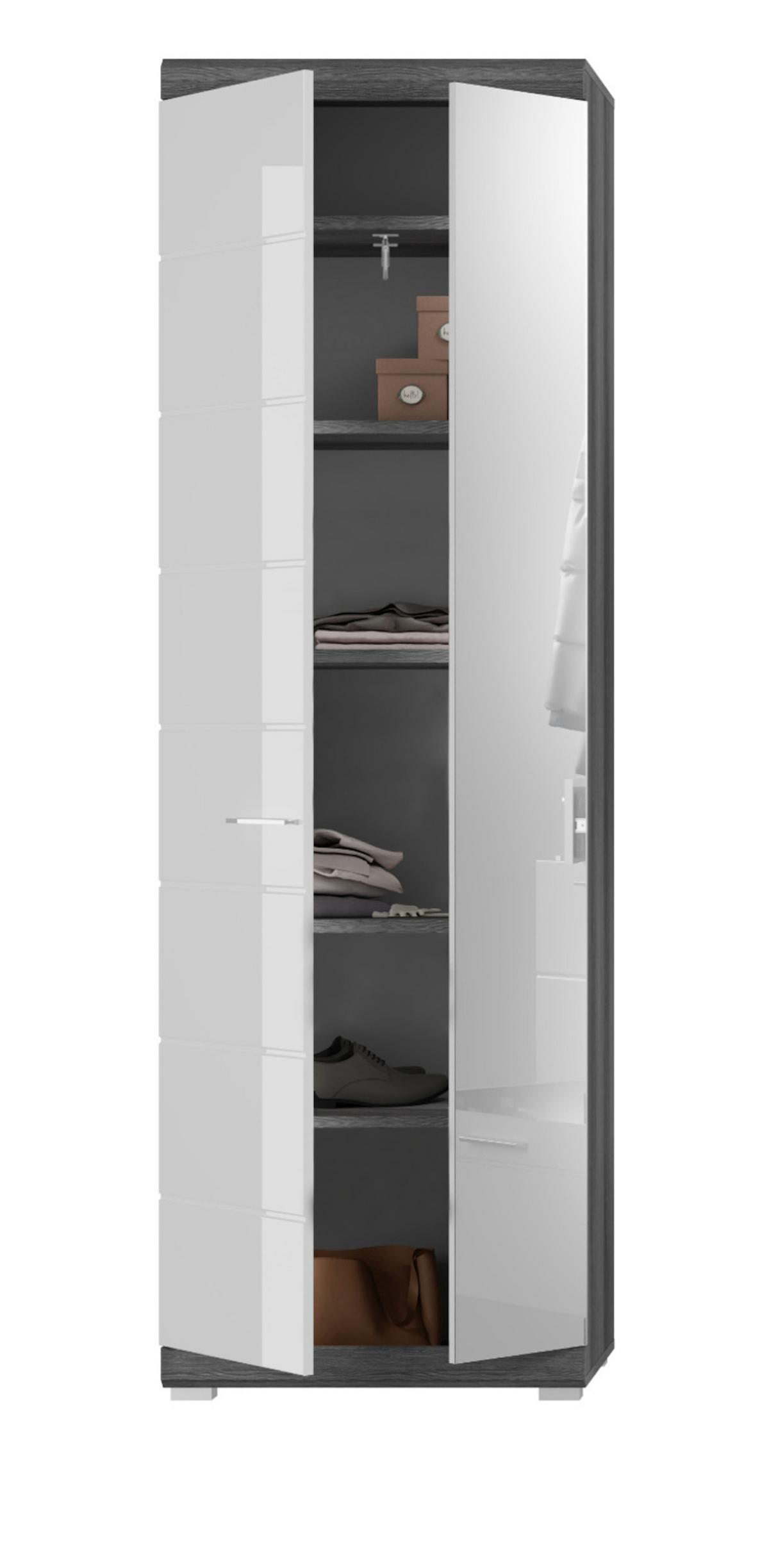 GARDEROBENSCHRANK weiß Hochglanz und grau 62 cm, Schuhschrank mit Spiegel - Chromfarben/Weiß Hochglanz, Glas/Holzwerkstoff (62/197/37cm) - Inn.Furn