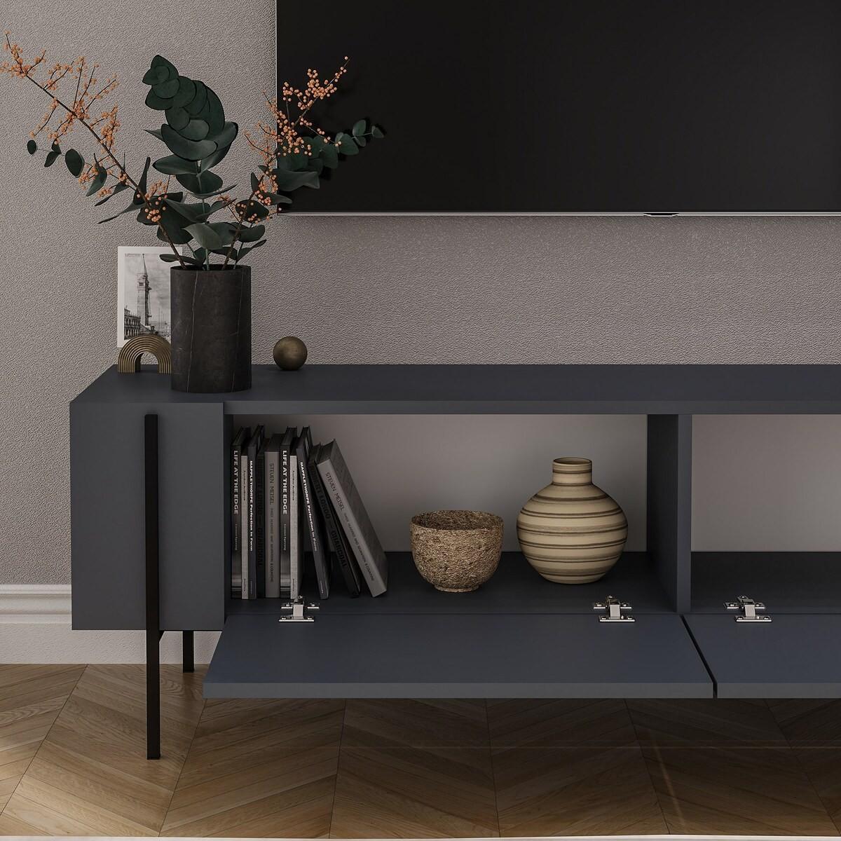 TV-MÖBEL mit 2 klappbaren Türen und Metallfüßen 31,4/160/45,6 cm - Anthrazit, Holzwerkstoff (31.4/45.6/36cm) - Calicosy