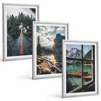 BILDER SET 3er Set - 40x60 cm Silberner Rahmen - Brücke, Wald, See, Boote, Berge - Silberfarben, Kunststoff (40/60cm) - TULUP