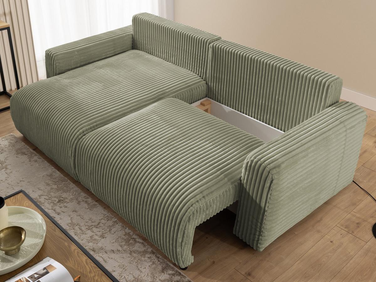 ECKSOFA Calma mit Schlaffunktion und Bettkasten im Bumpy-Design aus weichem Olive Plüschcord - Ottomane links - Schwarz/Grün, Holz/Kunststoff (239/140cm) - S-Style