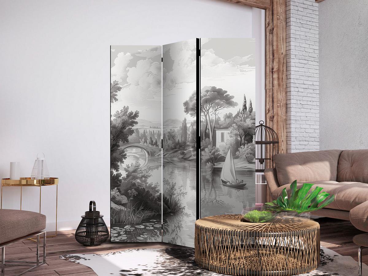 PARAVENT Akustik 3-tlg 135x172 cm Retro Flusslandschaft Natur - Grau, Holz/Textil (135/172/3cm) - Muralo