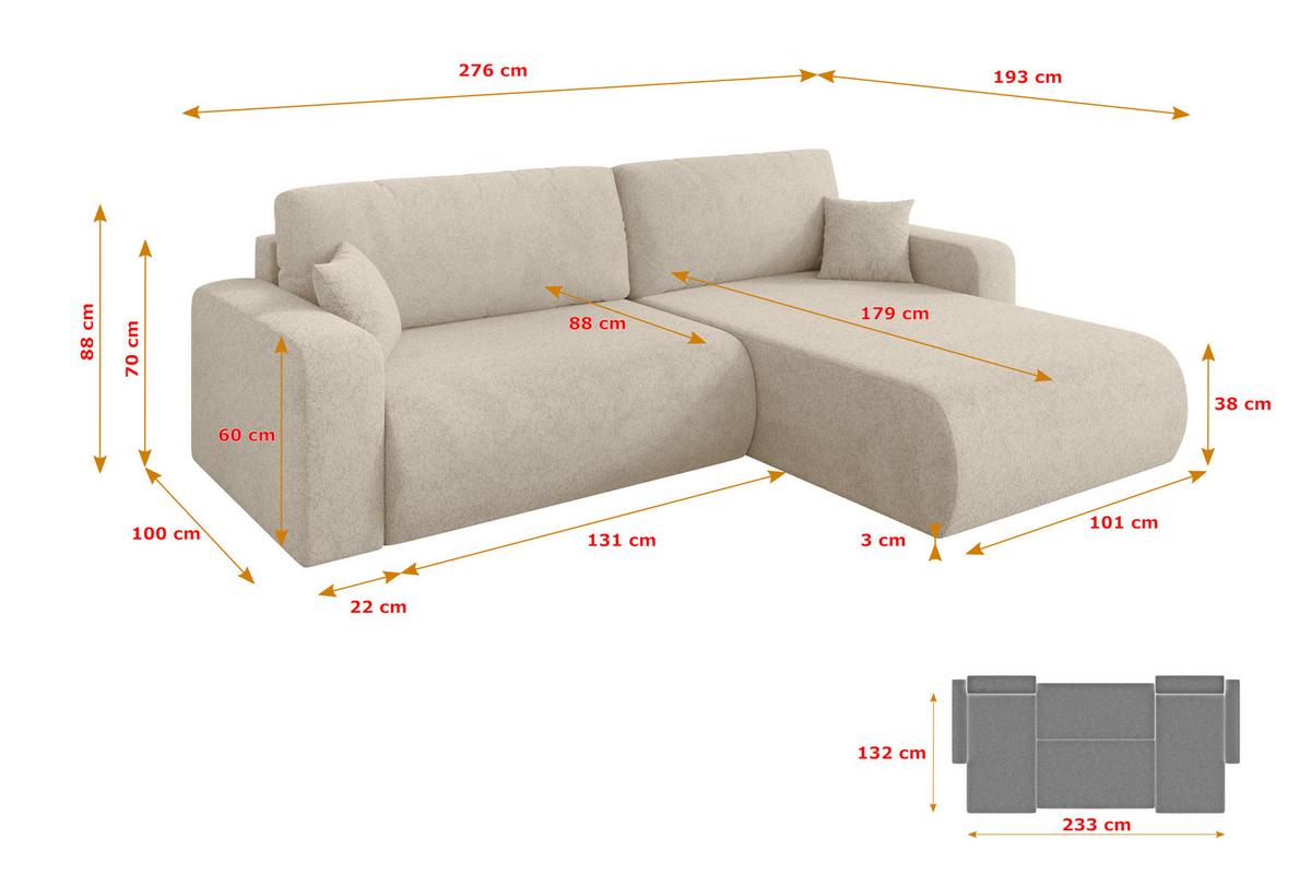 ECKSOFA mit Schlaffunktion Ottomane Rechts BERY-L 276x193x88 Creme Velours - Creme/Schwarz, Holzwerkstoff/Kunststoff (276/193cm) - ALTDECOR